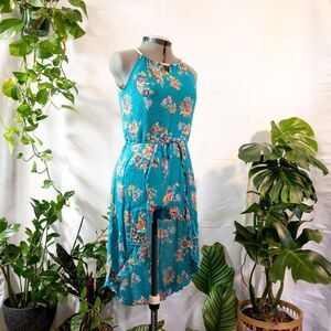 Zunie Blue Floral Print Romper, High-Low Skirt Wrap, Rope Straps, Size L